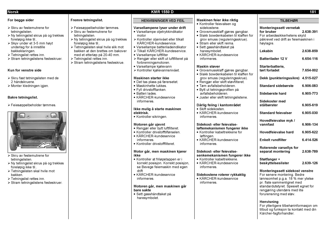 Karcher KMR 1550 D manual 181, Henvisninger VED Feil 