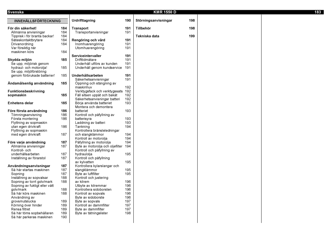 Karcher manual Svenska KMR 1550 D 183, Innehållsförteckning 