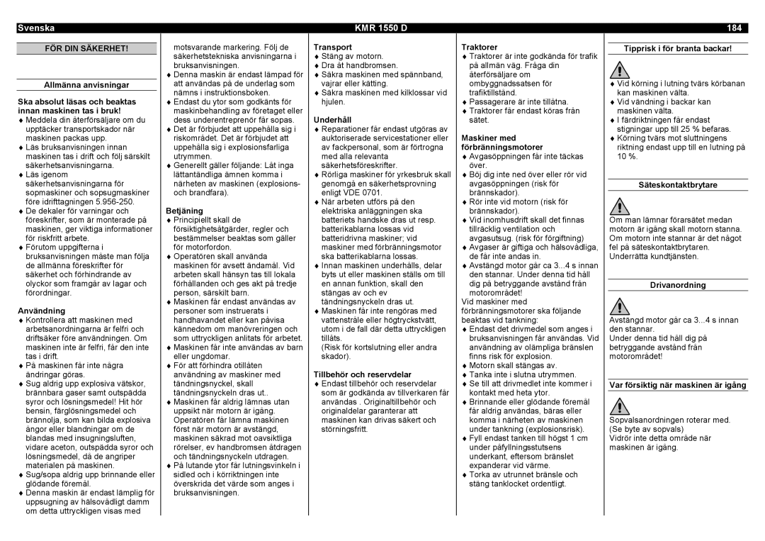 Karcher manual Svenska KMR 1550 D 184, FÖR DIN Säkerhet 