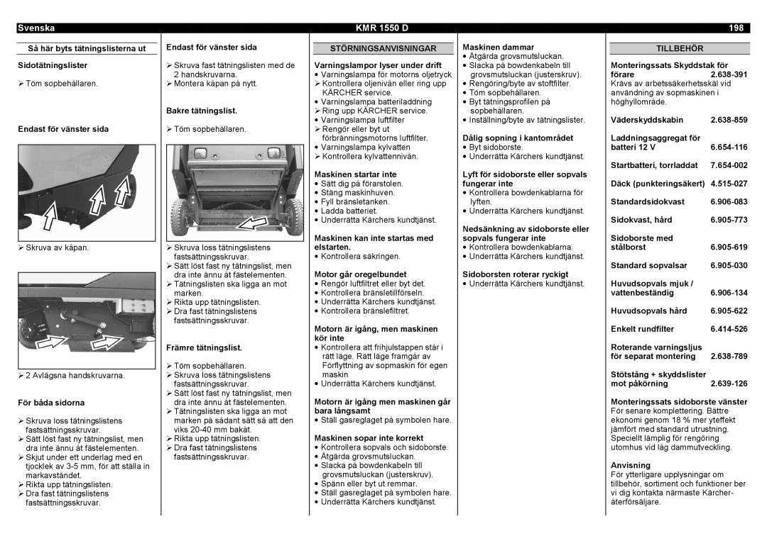 Karcher KMR 1550 D manual 198, Störningsanvisningar, Tillbehör 