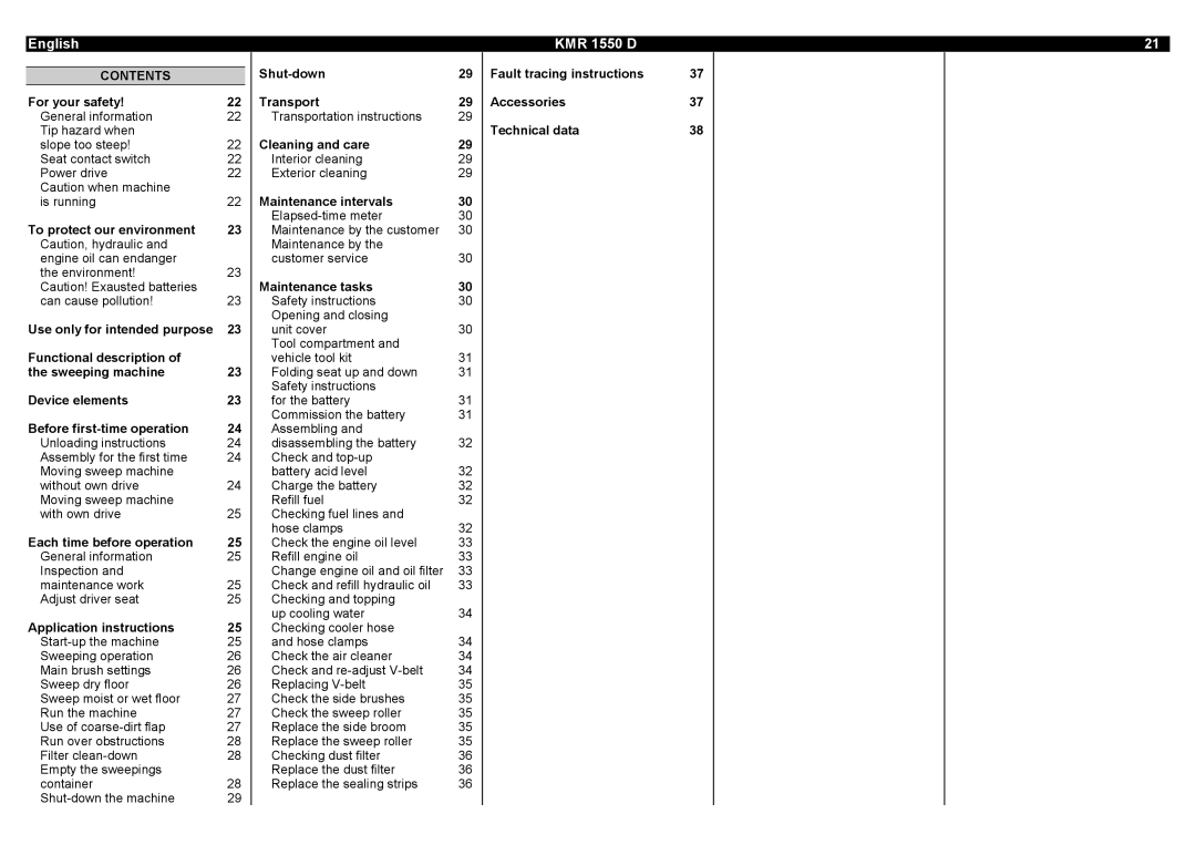 Karcher manual English KMR 1550 D, Contents 