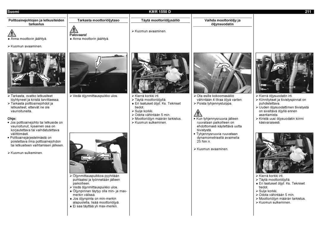 Karcher manual Suomi KMR 1550 D 211, Polttoainejohtojen ja letkusiteiden Tarkastus, Tarkasta moottoriöljytaso Palovaara 