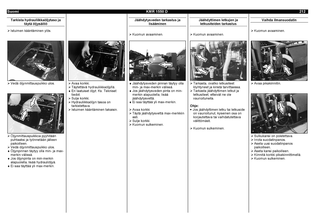 Karcher KMR 1550 D manual 212, Tarkista hydrauliikkaöljytaso ja Täytä öljysäiliö, Jäähdytysveden tarkastus ja Lisääminen 