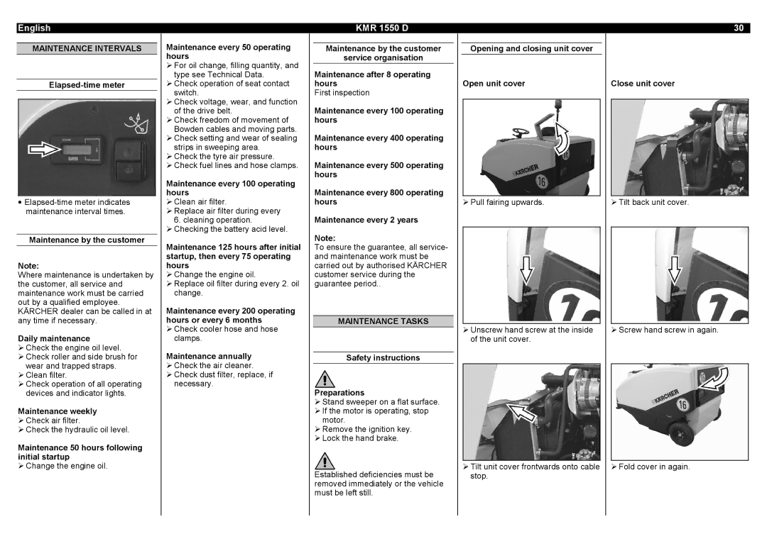 Karcher KMR 1550 D manual Maintenance Intervals, Maintenance Tasks 