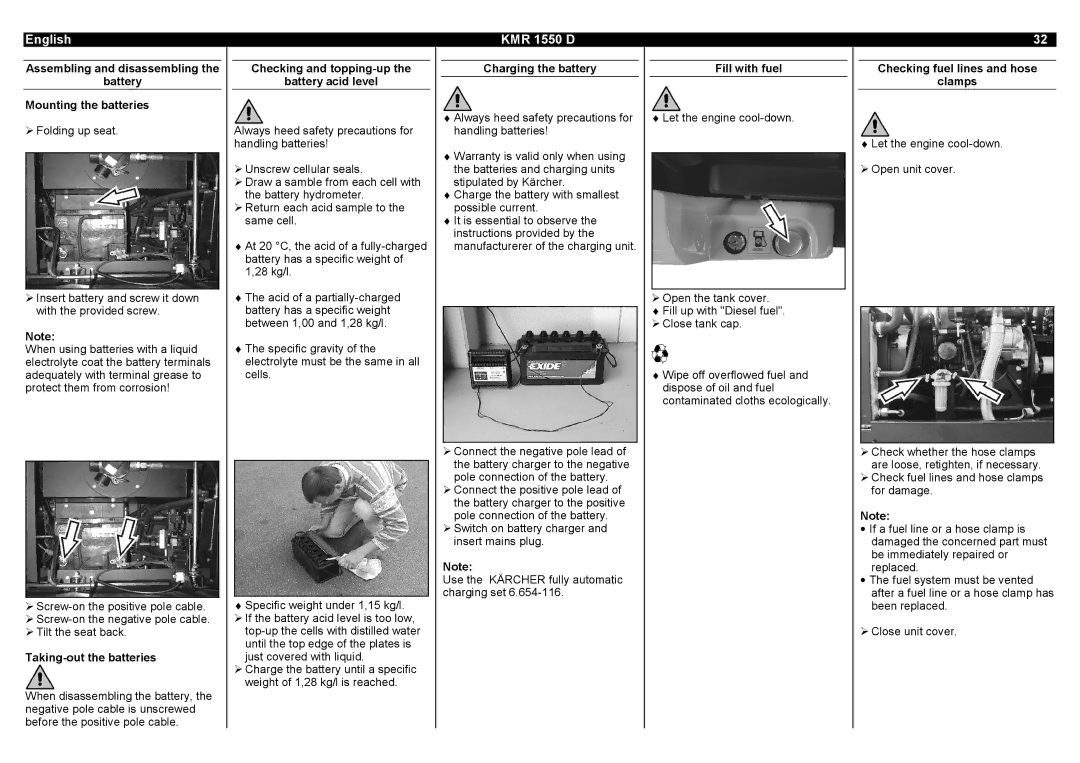 Karcher KMR 1550 D Assembling and disassembling Battery Mounting the batteries, Taking-out the batteries, Fill with fuel 