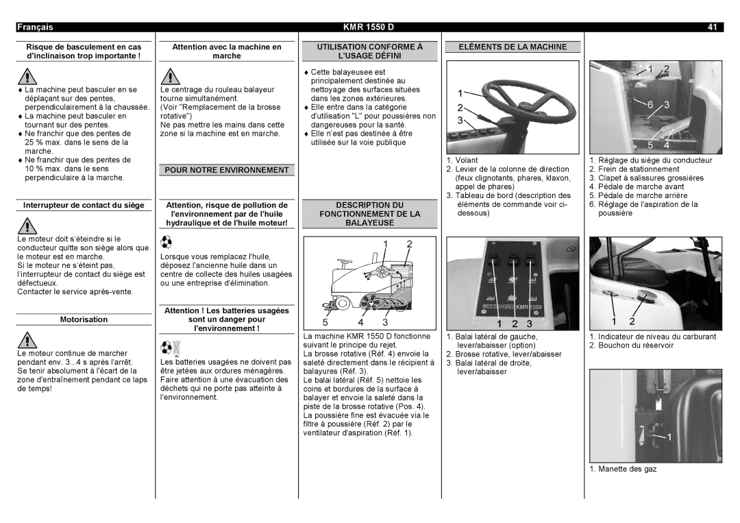 Karcher KMR 1550 D manual Pour Notre Environnement, Utilisation Conforme À Lusage Défini, Eléments DE LA Machine 