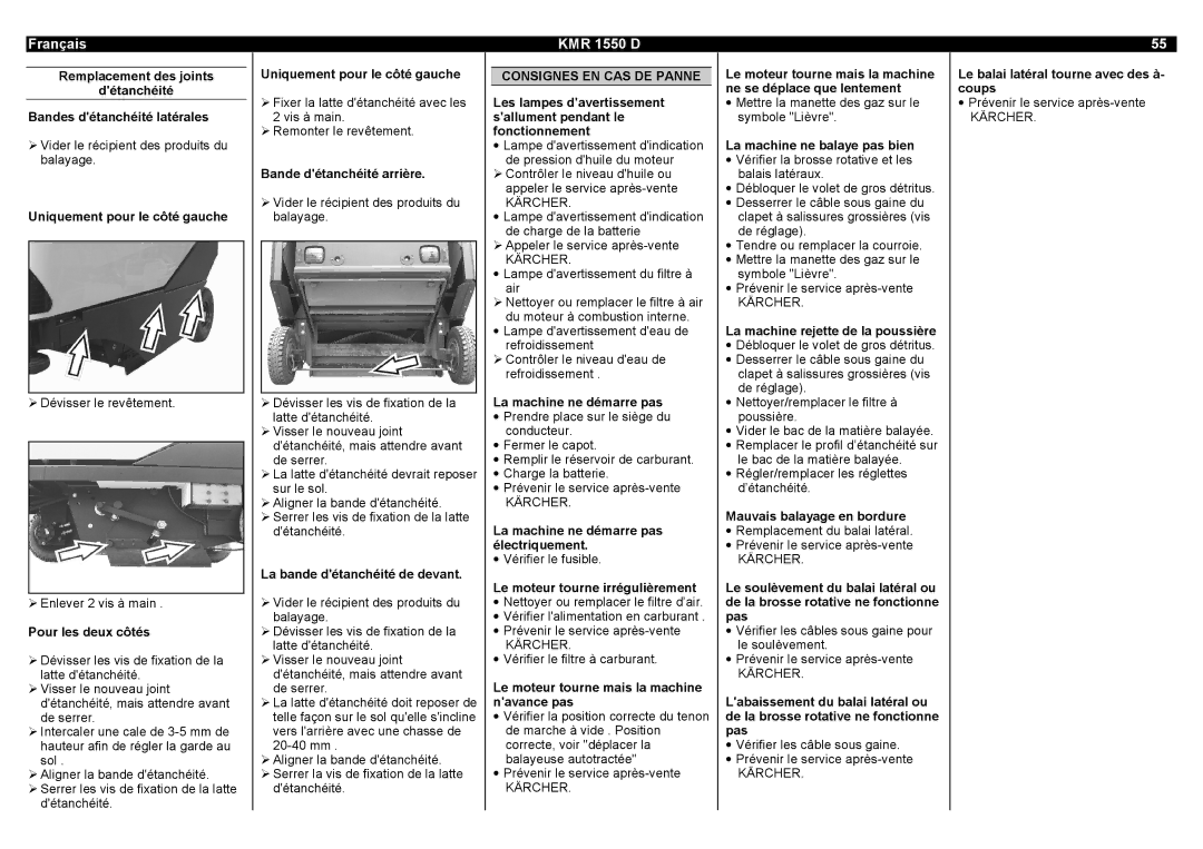 Karcher KMR 1550 D manual Consignes EN CAS DE Panne 