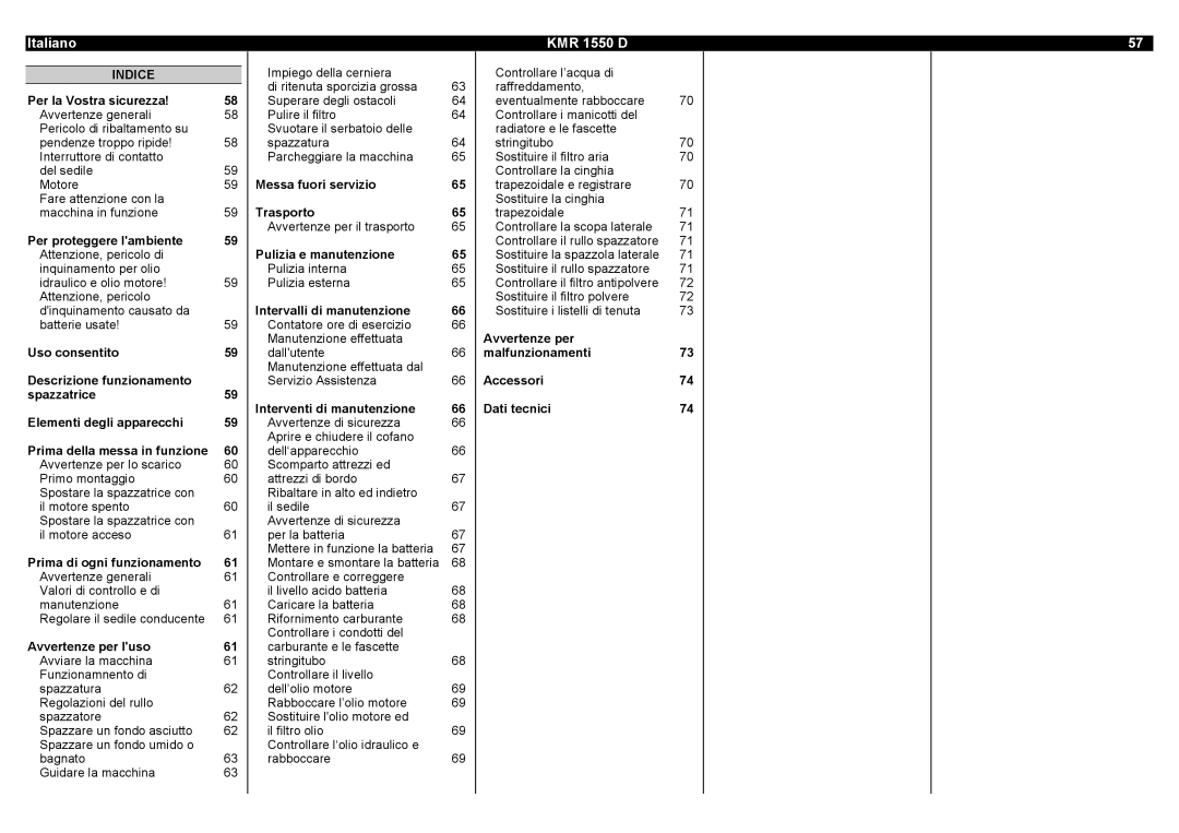 Karcher manual Italiano KMR 1550 D, Indice 