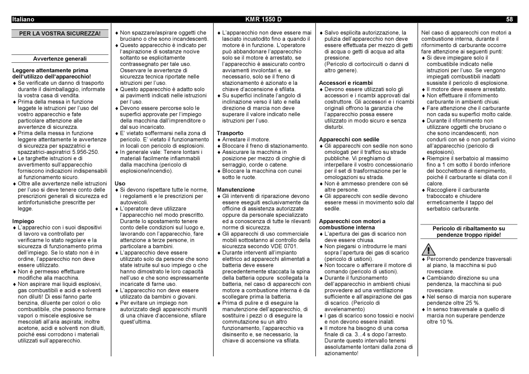 Karcher KMR 1550 D manual Italiano, PER LA Vostra Sicurezza 