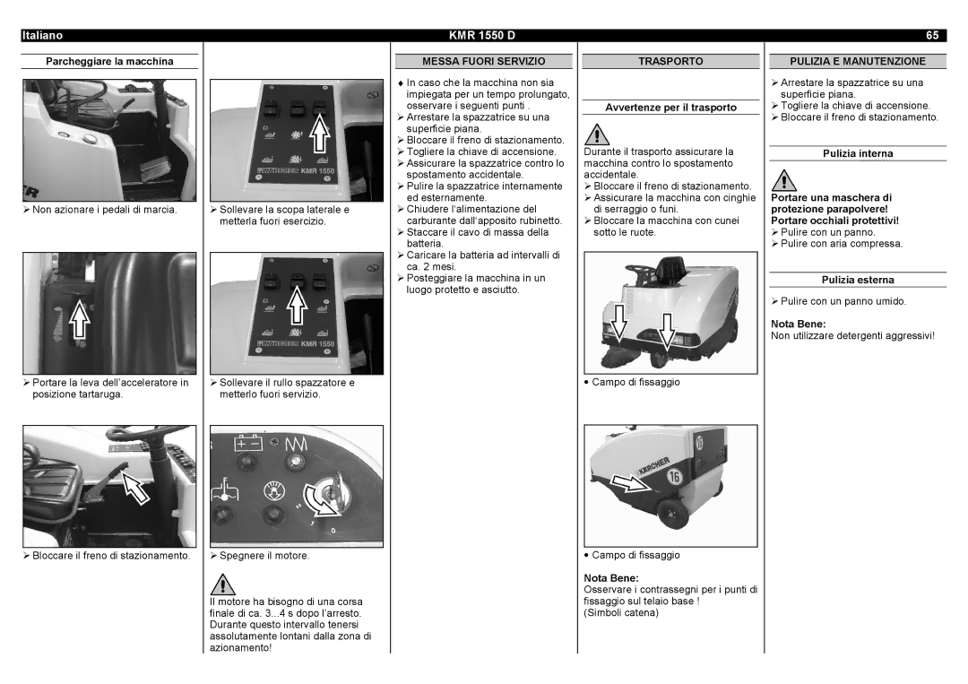 Karcher KMR 1550 D manual Messa Fuori Servizio, Trasporto, Pulizia E Manutenzione 