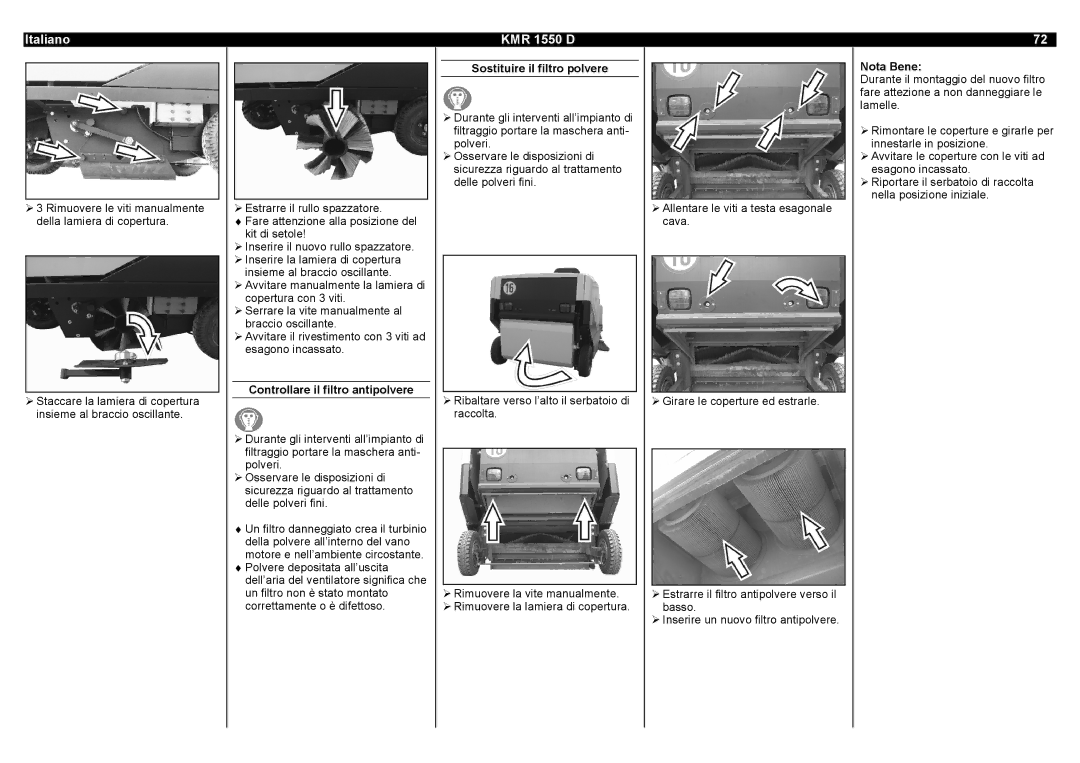 Karcher KMR 1550 D manual Controllare il filtro antipolvere, Sostituire il filtro polvere 