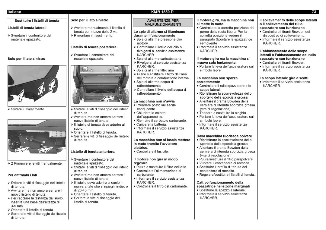 Karcher KMR 1550 D manual Avvertenze PER Malfunzionamenti 