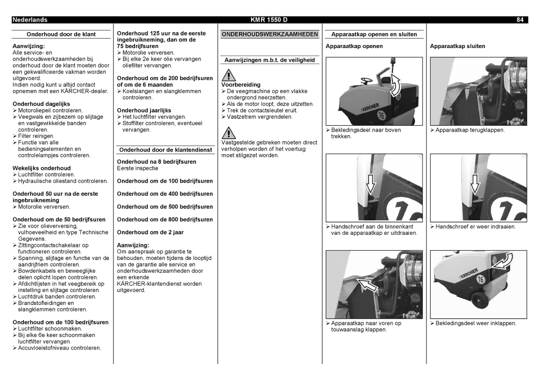 Karcher KMR 1550 D manual Onderhoudswerkzaamheden 