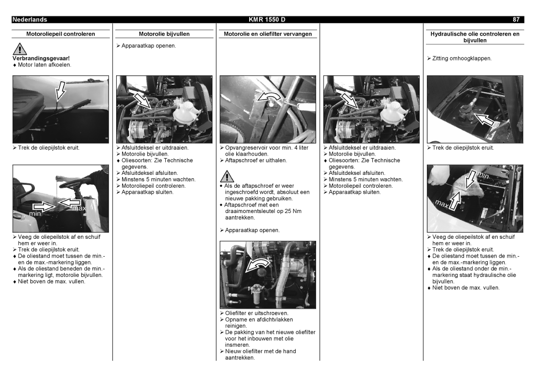 Karcher KMR 1550 D manual Motoroliepeil controleren Verbrandingsgevaar, Niet boven de max. vullen, Motorolie bijvullen 