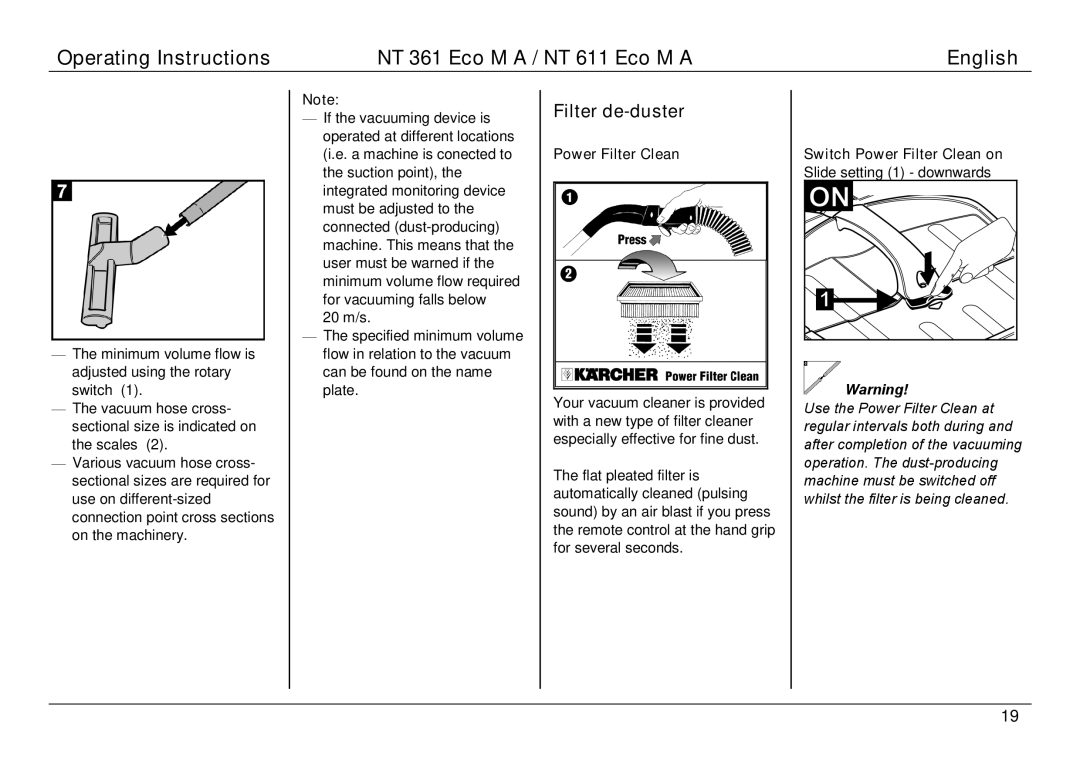 Karcher NT 361 ECO M A, NT 611 ECO M A manual Filter de-duster, Power Filter Clean 