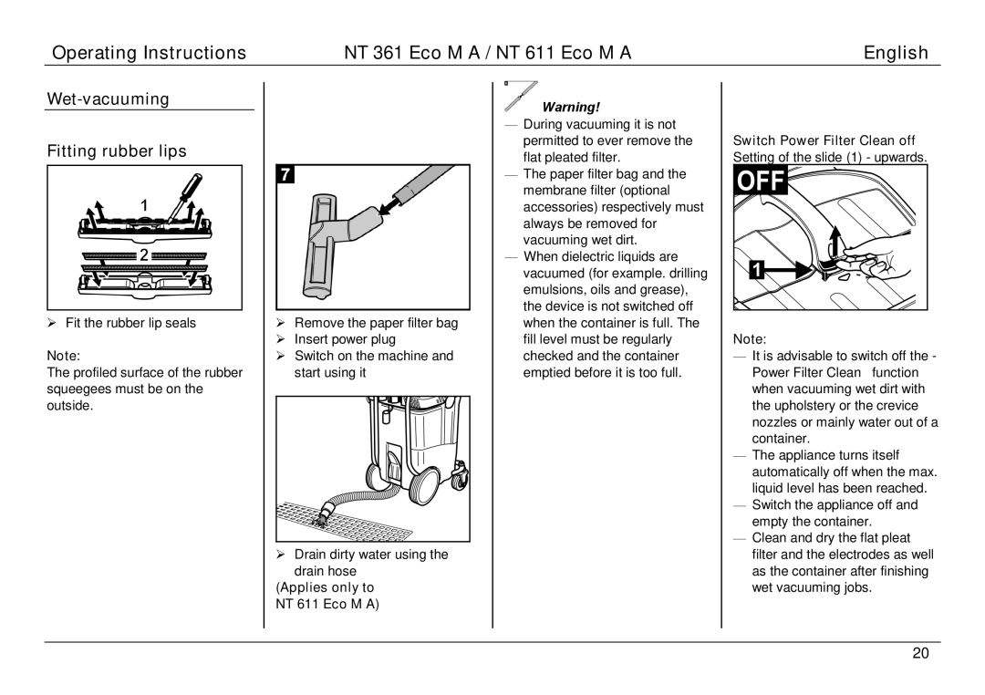 Karcher NT 611 ECO M A, NT 361 ECO M A manual Wet-vacuuming Fitting rubber lips, Applies only to NT 611 Eco M a 