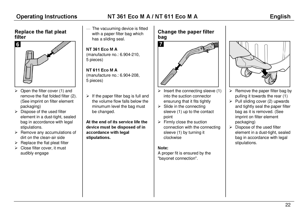 Karcher NT 611 ECO M A, NT 361 ECO M A manual Replace the flat pleat filter, Change the paper filter bag 