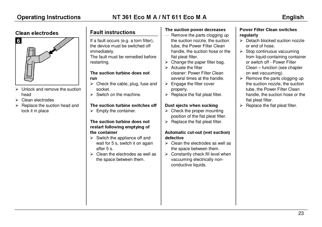 Karcher NT 361 ECO M A, NT 611 ECO M A manual Clean electrodes, Fault instructions 