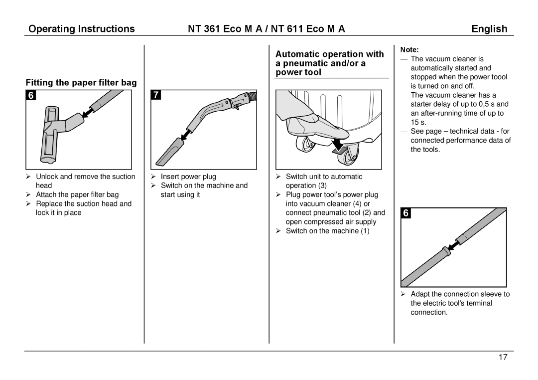 Karcher NT 361 ECO M A manual Fitting the paper filter bag, Automatic operation with a pneumatic and/or a power tool 