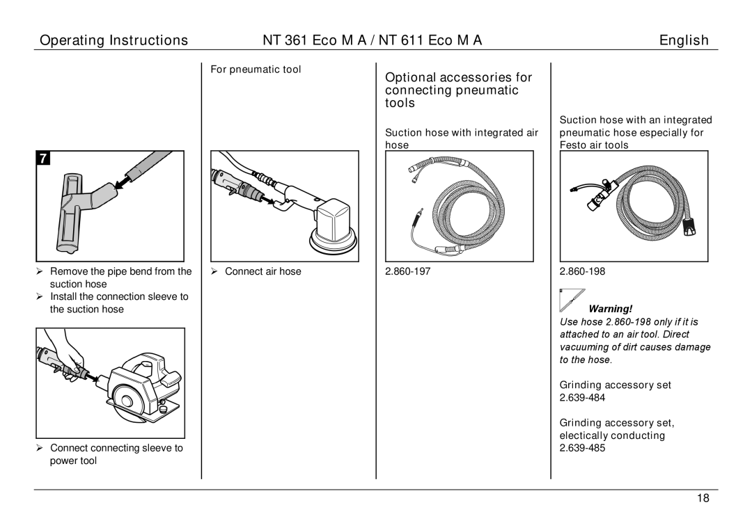 Karcher NT 611 ECO M A, NT 361 ECO M A manual Optional accessories for connecting pneumatic tools, For pneumatic tool 