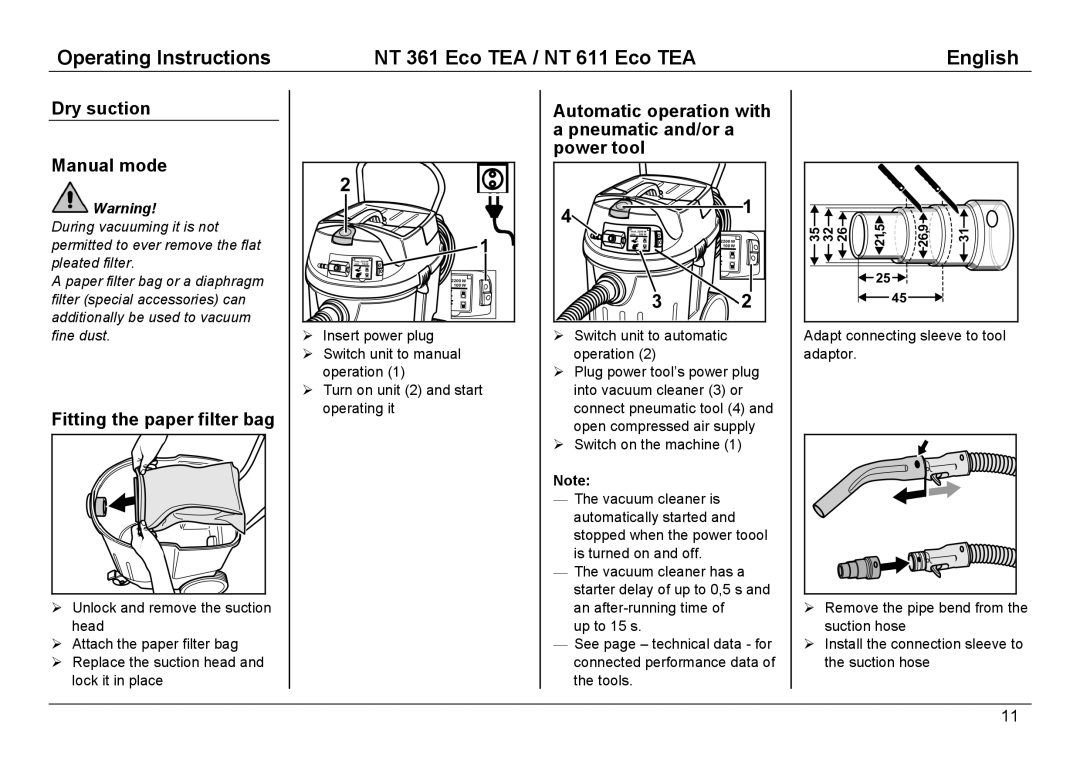 Karcher NT 611, NT 361 manual Dry suction Manual mode, Fitting the paper filter bag 