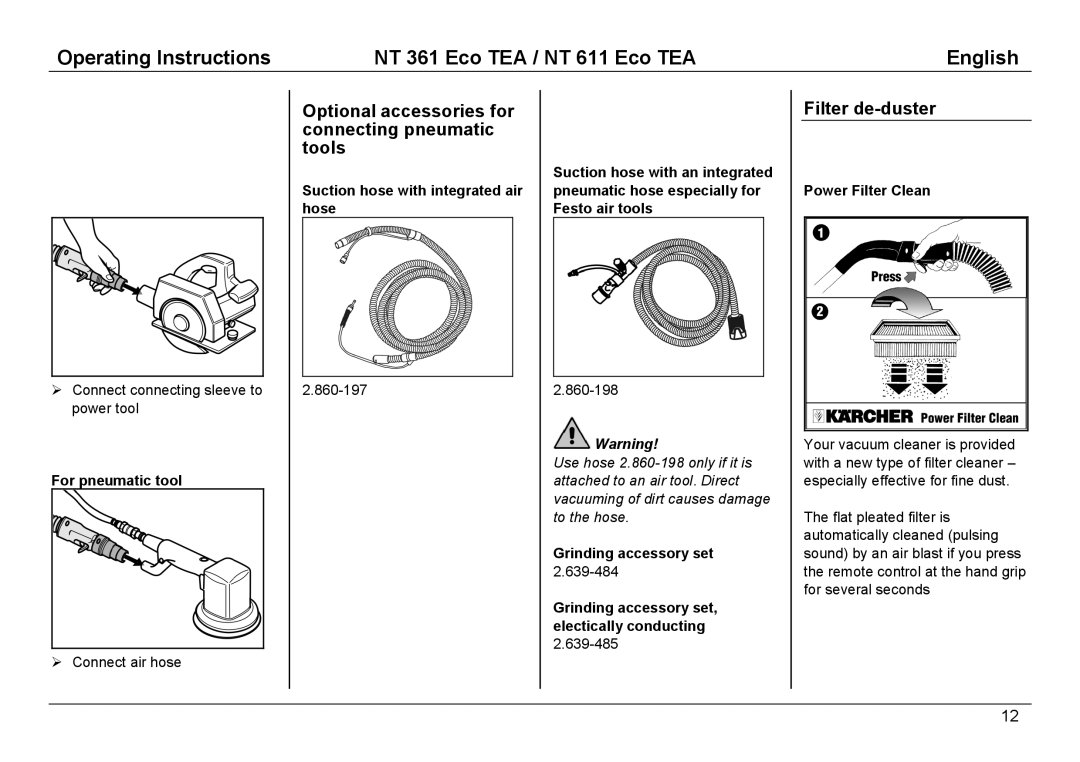 Karcher NT 361, NT 611 manual Optional accessories for connecting pneumatic tools, Filter de-duster, For pneumatic tool 