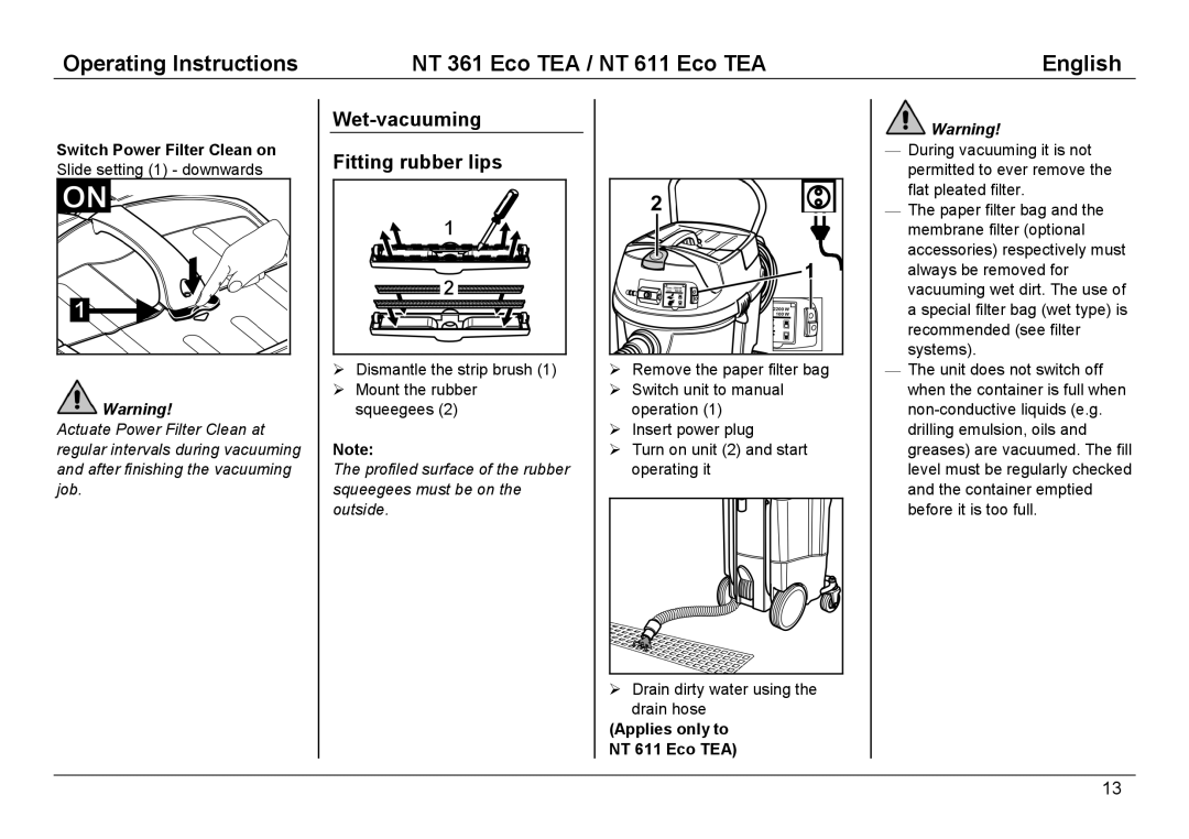 Karcher NT 361 manual Wet-vacuuming Fitting rubber lips, Applies only to NT 611 Eco TEA 