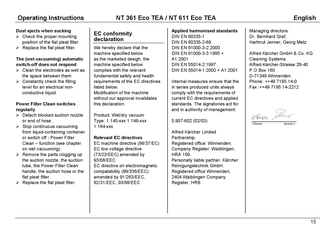 Karcher NT 611, NT 361 manual EC conformity declaration, Dust ejects when sucking, Power Filter Clean switches regularly 