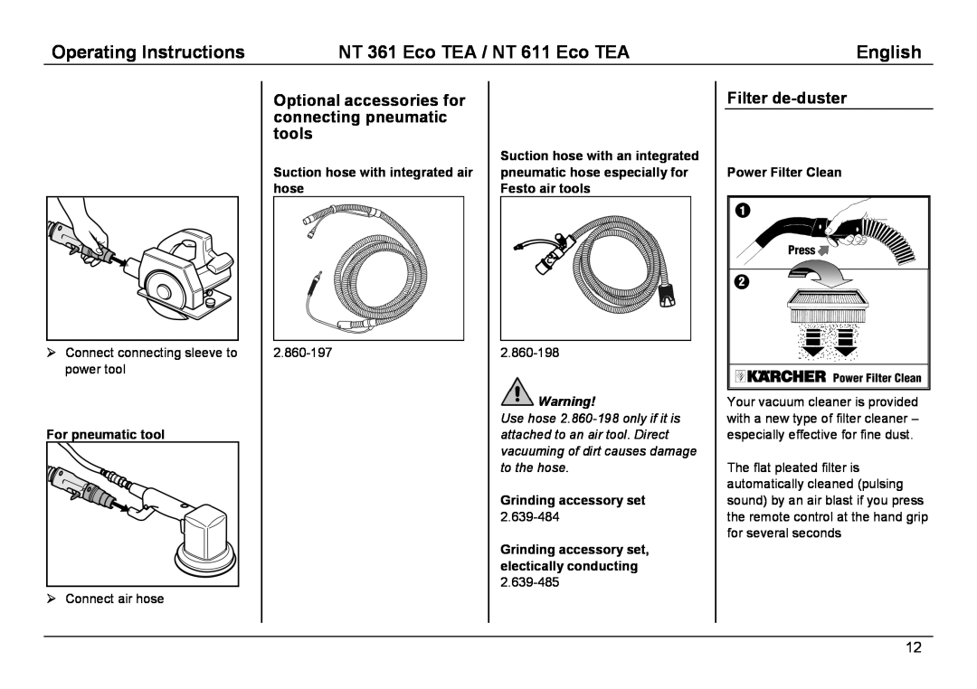 Karcher manual Filter de-duster, Operating Instructions, NT 361 Eco TEA / NT 611 Eco TEA, English, For pneumatic tool 