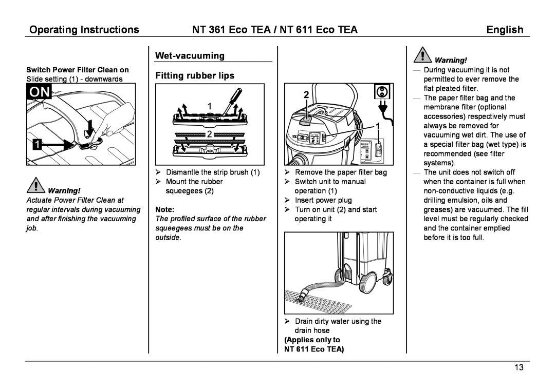 Karcher manual Wet-vacuuming Fitting rubber lips, Operating Instructions, NT 361 Eco TEA / NT 611 Eco TEA, English 