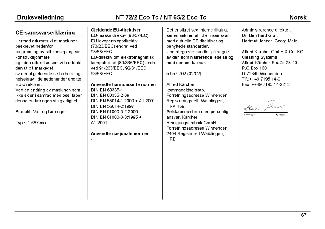 Karcher NT 65/2 ECO TC manual CE-samsvarserklæring, Anvendte nasjonale normer 