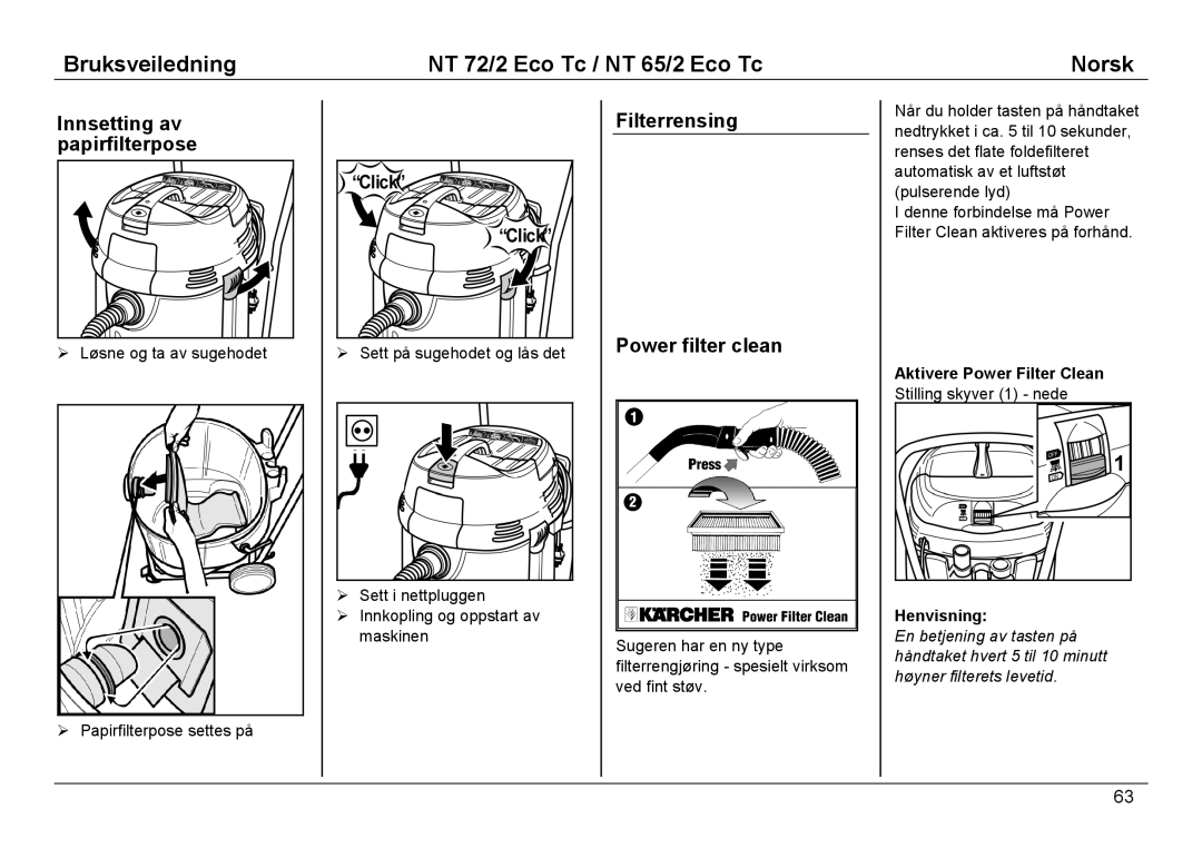 Karcher NT 65/2 ECO TC manual Innsetting av papirfilterpose, Filterrensing Power filter clean 