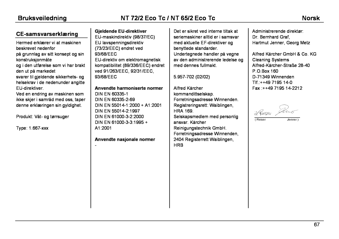 Karcher NT 65/2 ECO TC manual CE-samsvarserklæring, Bruksveiledning, NT 72/2 Eco Tc / NT 65/2 Eco Tc, Norsk 