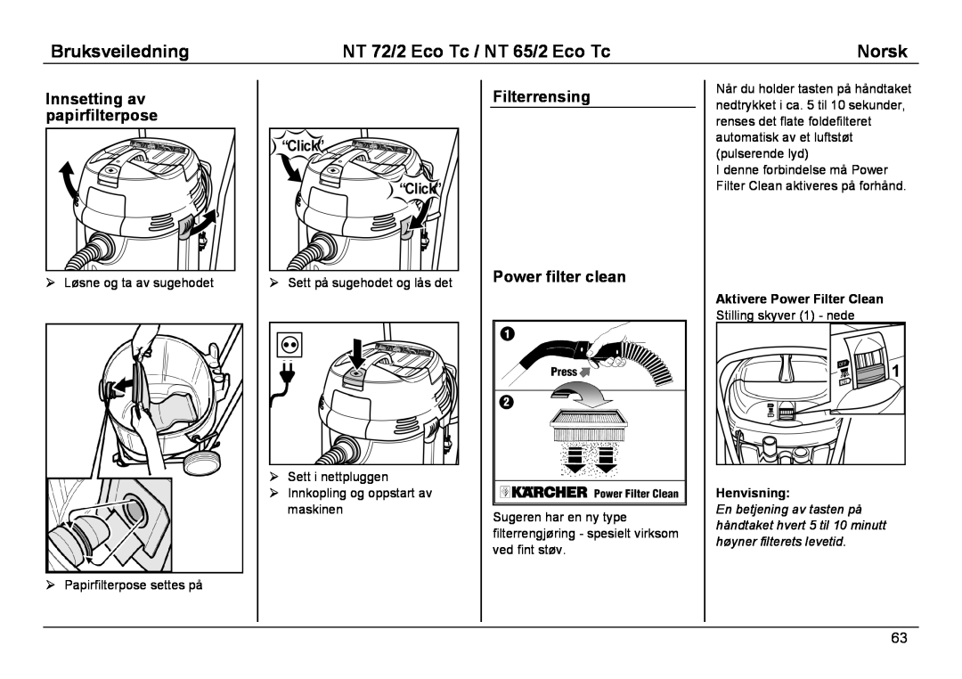 Karcher NT 65/2 ECO TC manual Innsetting av papirfilterpose, Filterrensing Power filter clean, Bruksveiledning, Norsk 