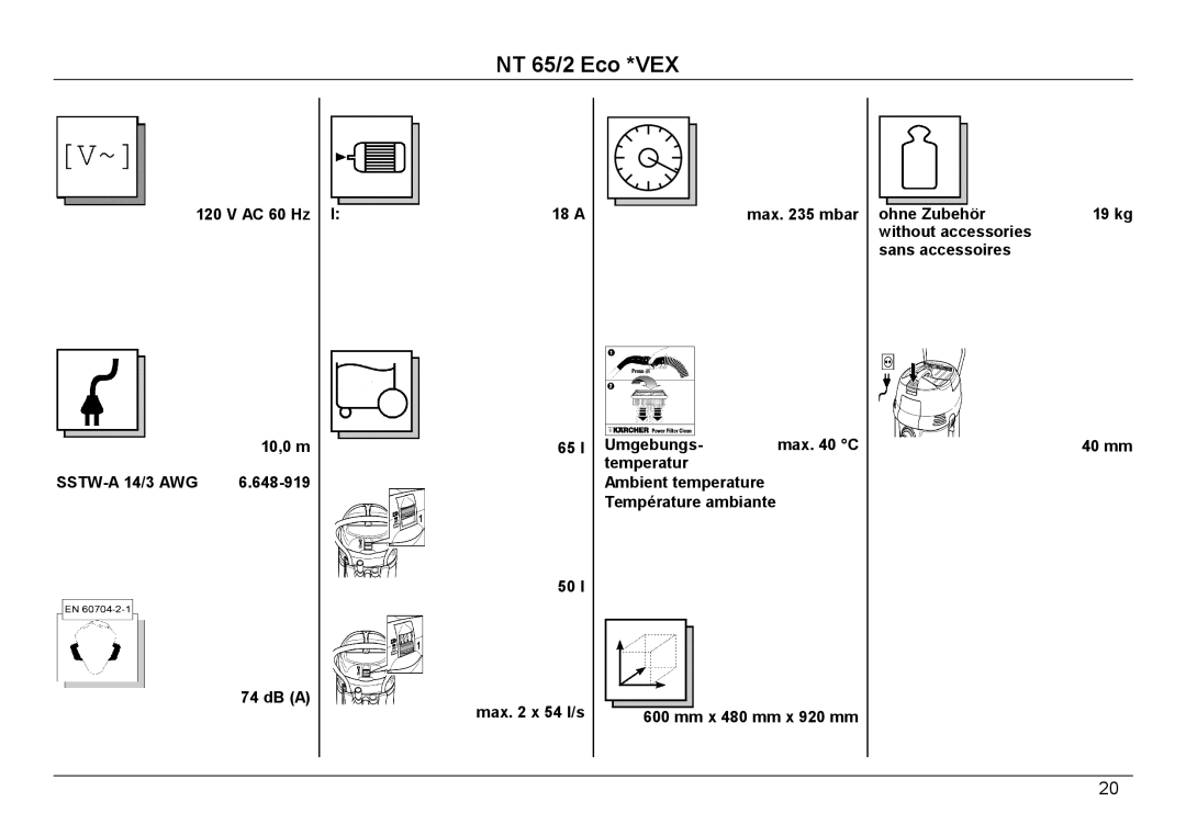 Karcher NT 65/2 ECO manual AC 60 Hz 18 a 10,0 m 65 l, 648-919 50 l DB a Max x 54 l/s Max mbar Umgebungs, Temperatur, 40 mm 