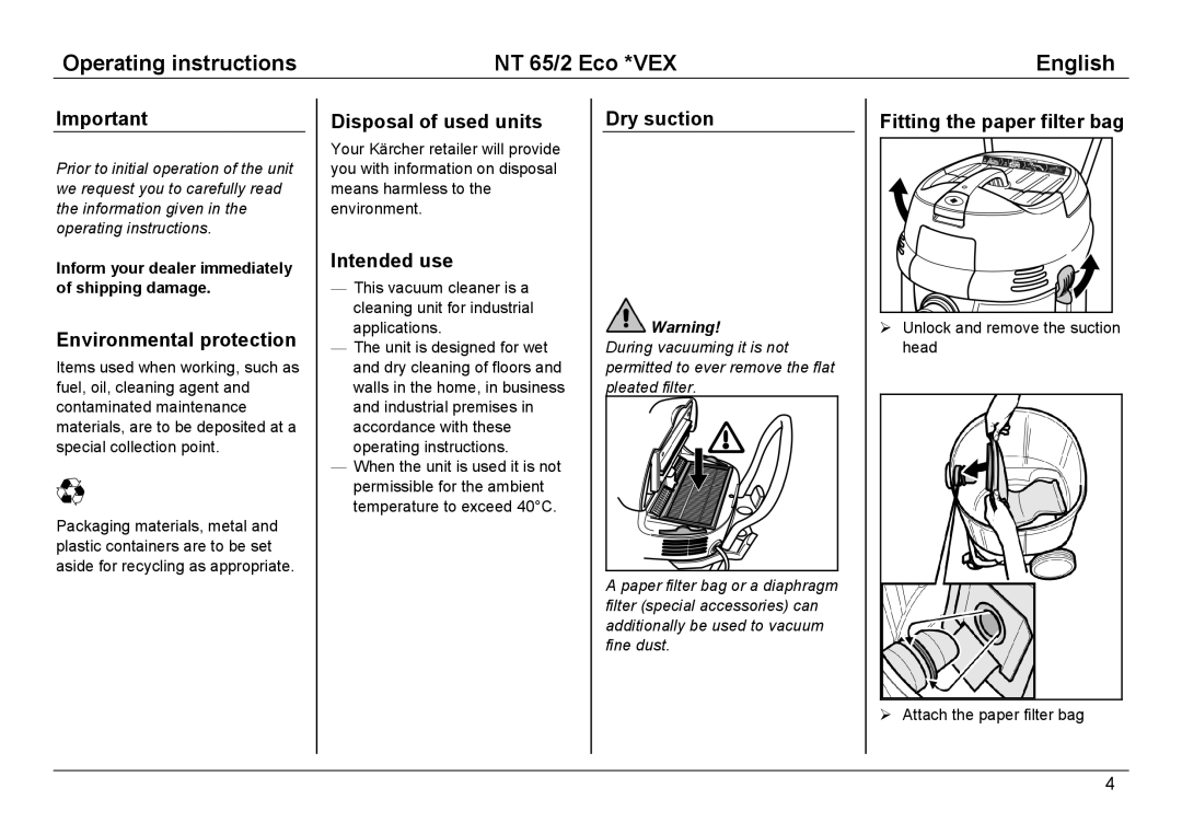 Karcher NT 65/2 ECO manual Environmental protection, Disposal of used units, Intended use, Dry suction 