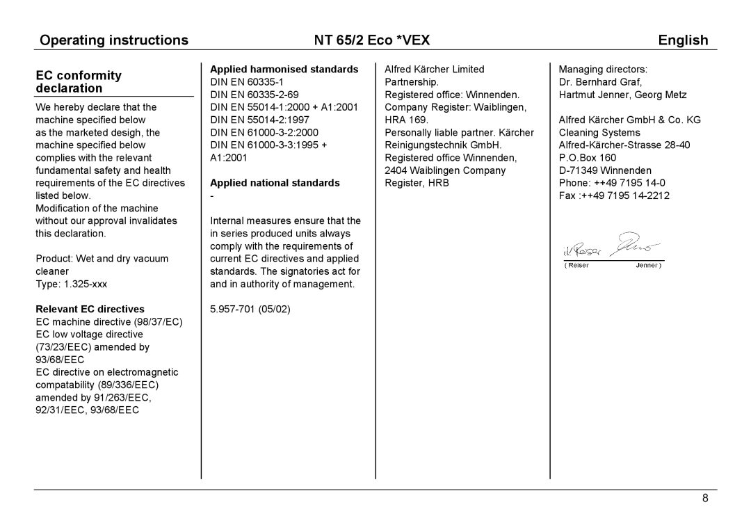 Karcher NT 65/2 ECO manual EC conformity declaration, Relevant EC directives, Applied harmonised standards DIN EN 