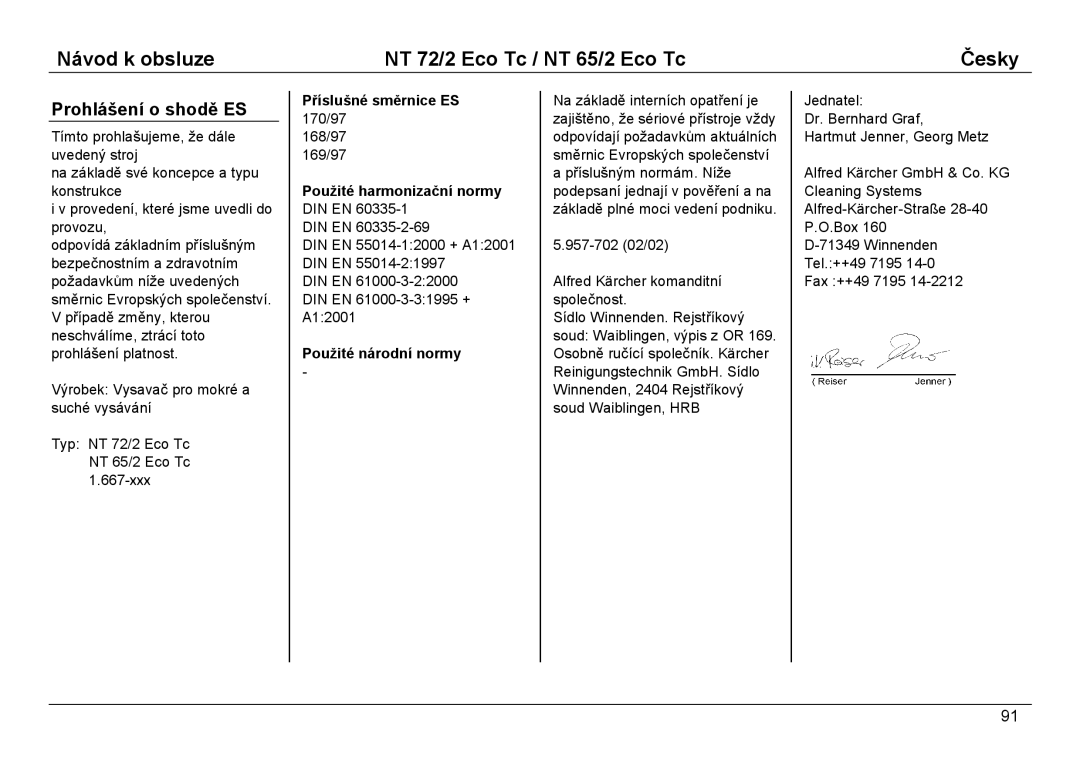 Karcher NT 72/2 ECO TC manual Prohlášení o shodě ES, Použité národní normy 