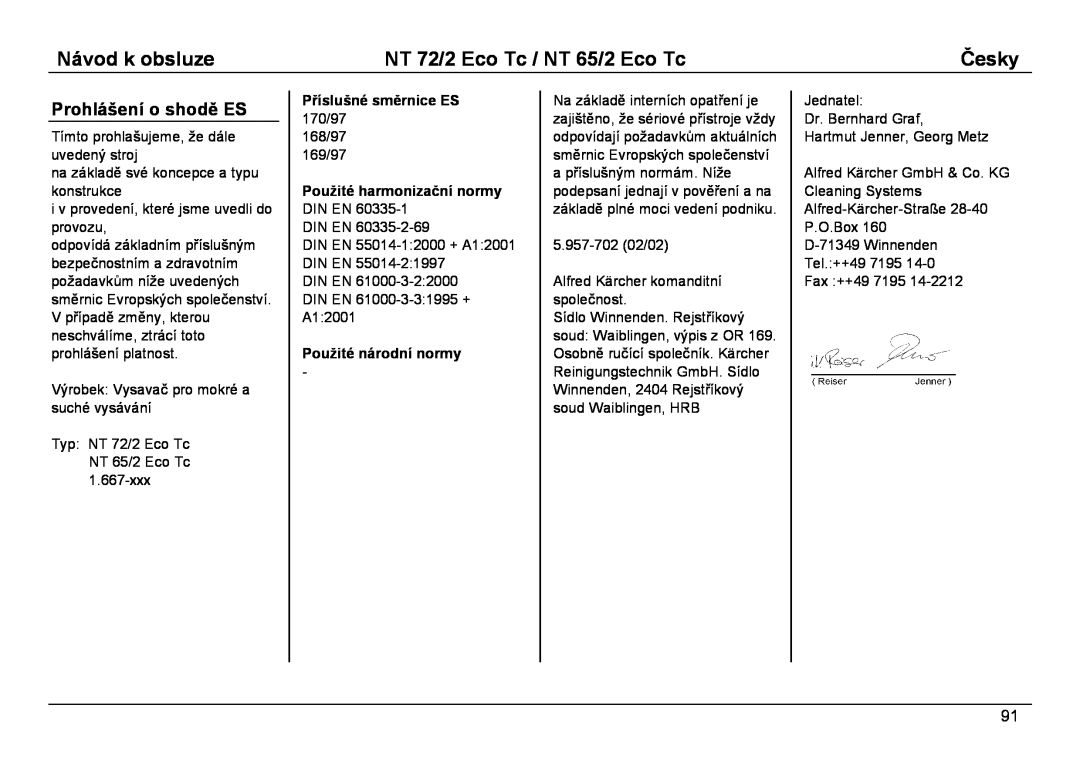 Karcher NT 72/2 ECO TC manual Prohlášení o shodě ES, Návod k obsluze, NT 72/2 Eco Tc / NT 65/2 Eco Tc, Česky 