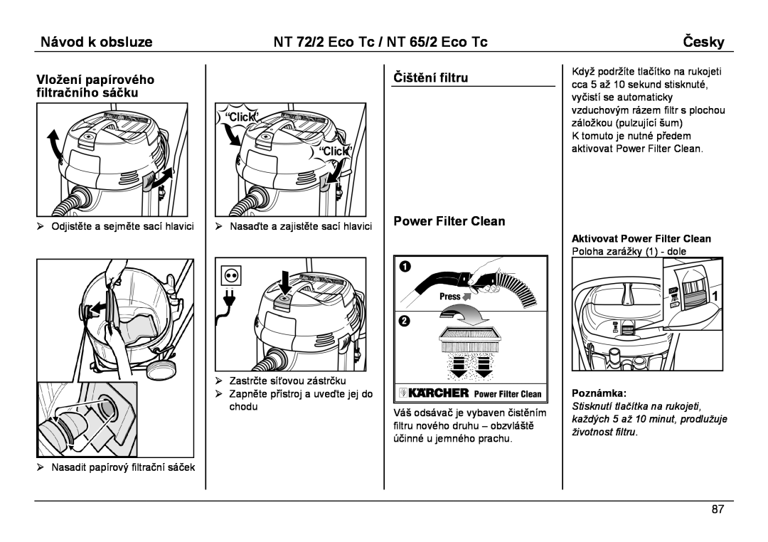 Karcher NT 72/2 ECO TC Vložení papírového filtračního sáčku, Čištění filtru Power Filter Clean, Návod k obsluze, Česky 