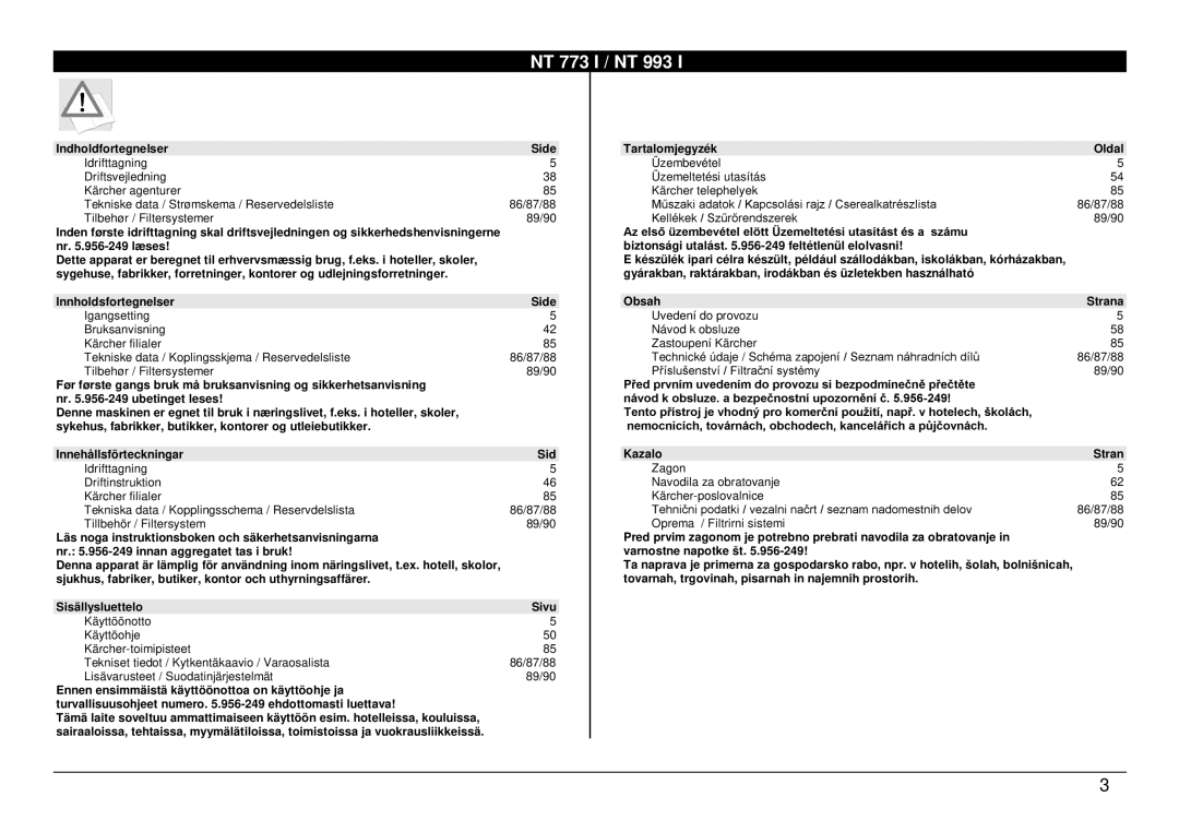 Karcher NT 993 I, NT 773 I manual Indholdfortegnelser Side, Kazalo Stran 