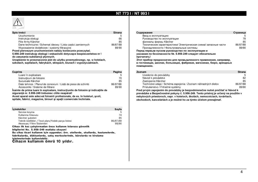 Karcher NT 773 I, NT 993 I manual Strona, Cuprins Pagina Zoznam Strana 