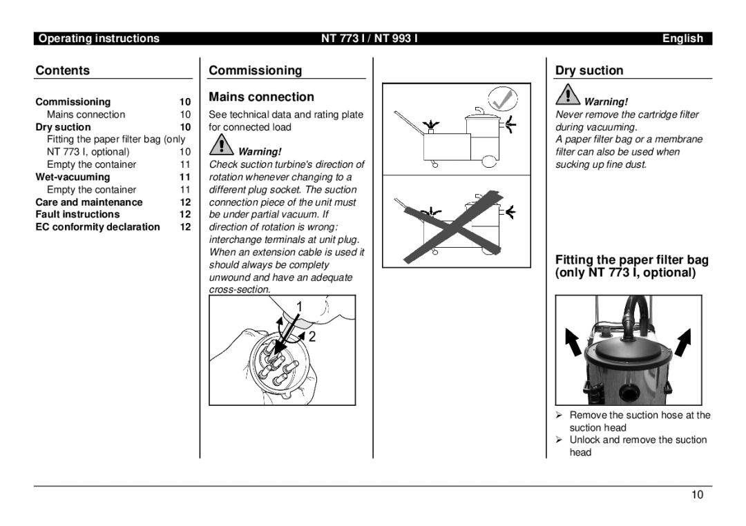 Karcher NT 773 I, NT 993 I manual Contents, Commissioning Mains connection, Dry suction 