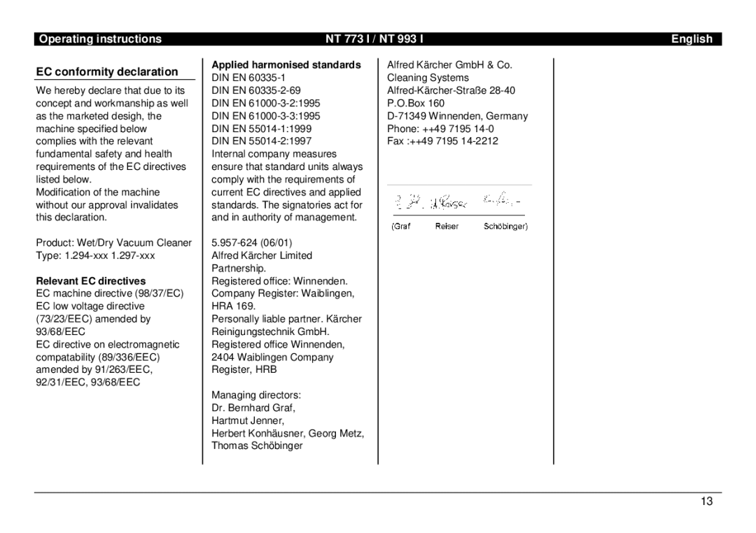 Karcher NT 993 I, NT 773 I manual EC conformity declaration 