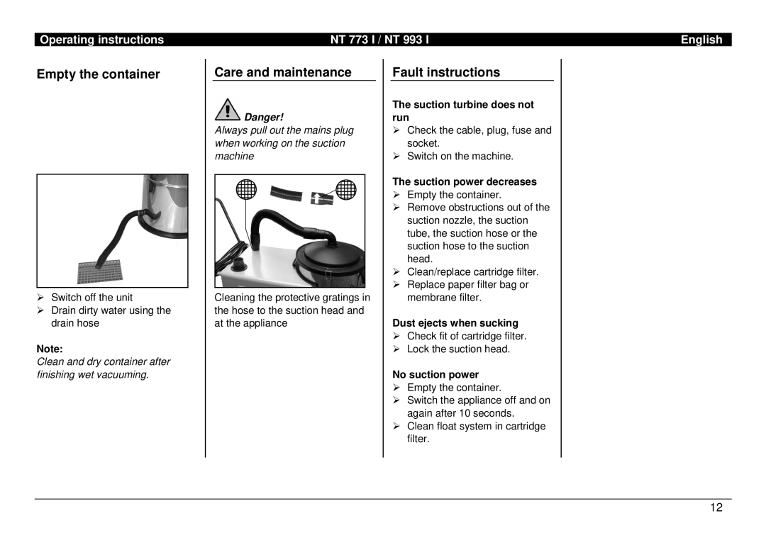 Karcher Care and maintenance, Fault instructions, Empty the container, Operating instructions, NT 773 I / NT, English 