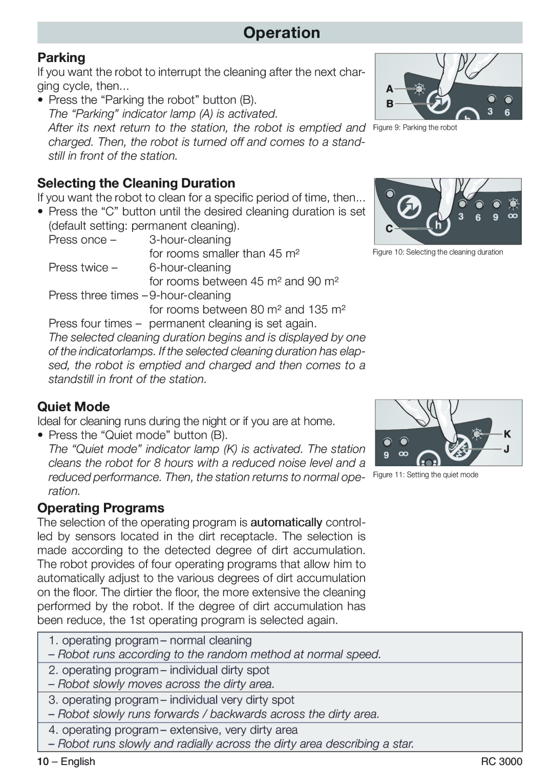 Karcher RC 3000 manual Operation, Parking, Selecting the Cleaning Duration, Quiet Mode, Operating Programs 
