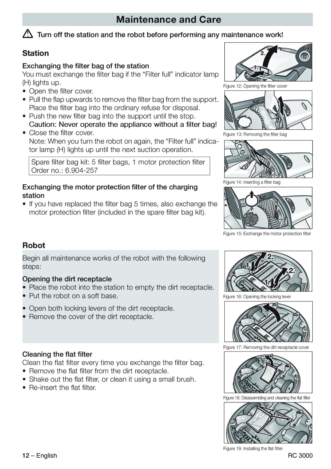 Karcher RC 3000 manual Maintenance and Care, Station, Robot, Open the filter cover 