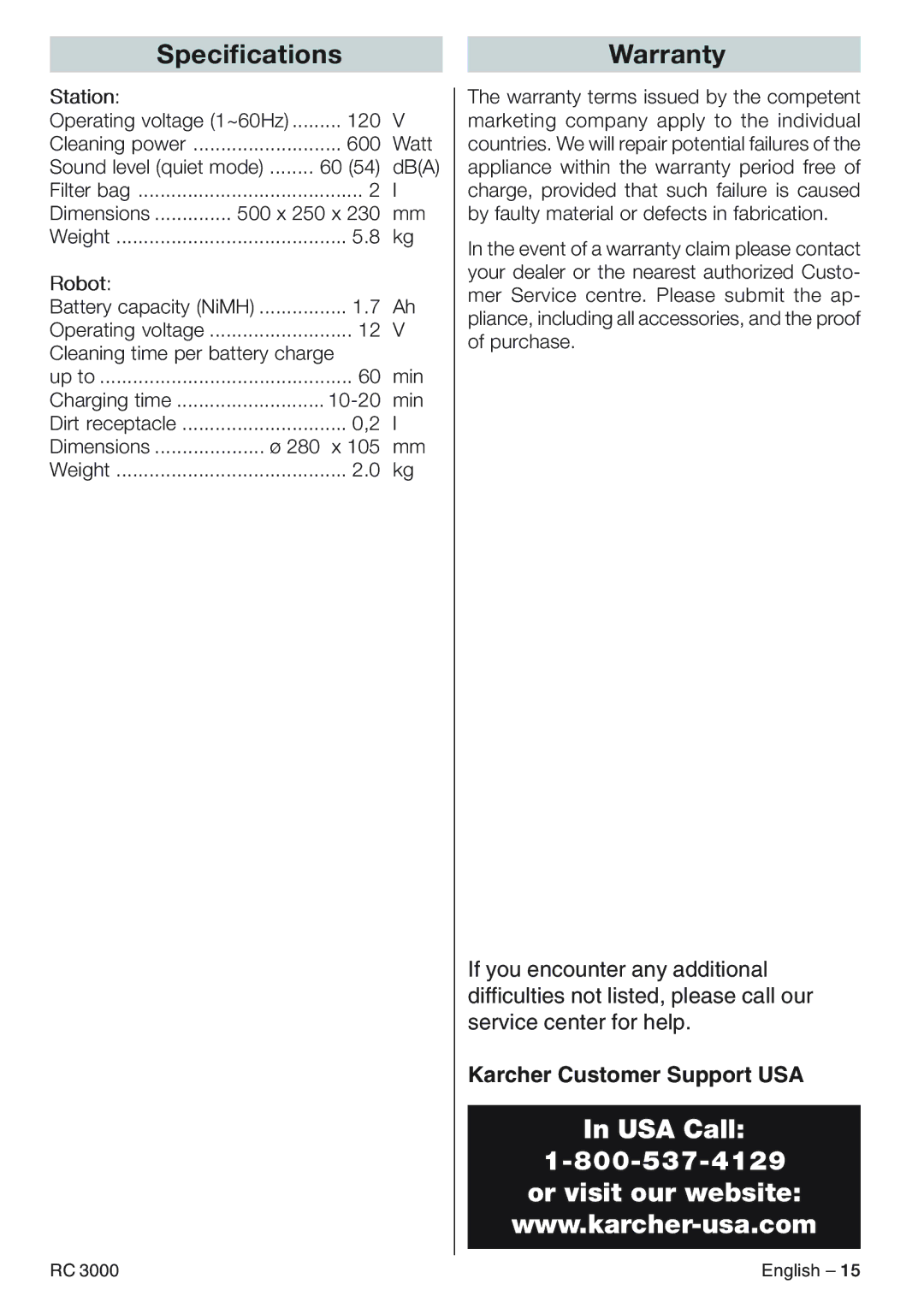 Karcher RC 3000 manual Specifications, Warranty 