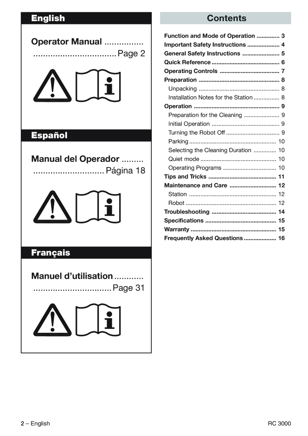 Karcher RC 3000 manual Operator Manual, Manual del Operador, Manuel d’utilisation Contents 