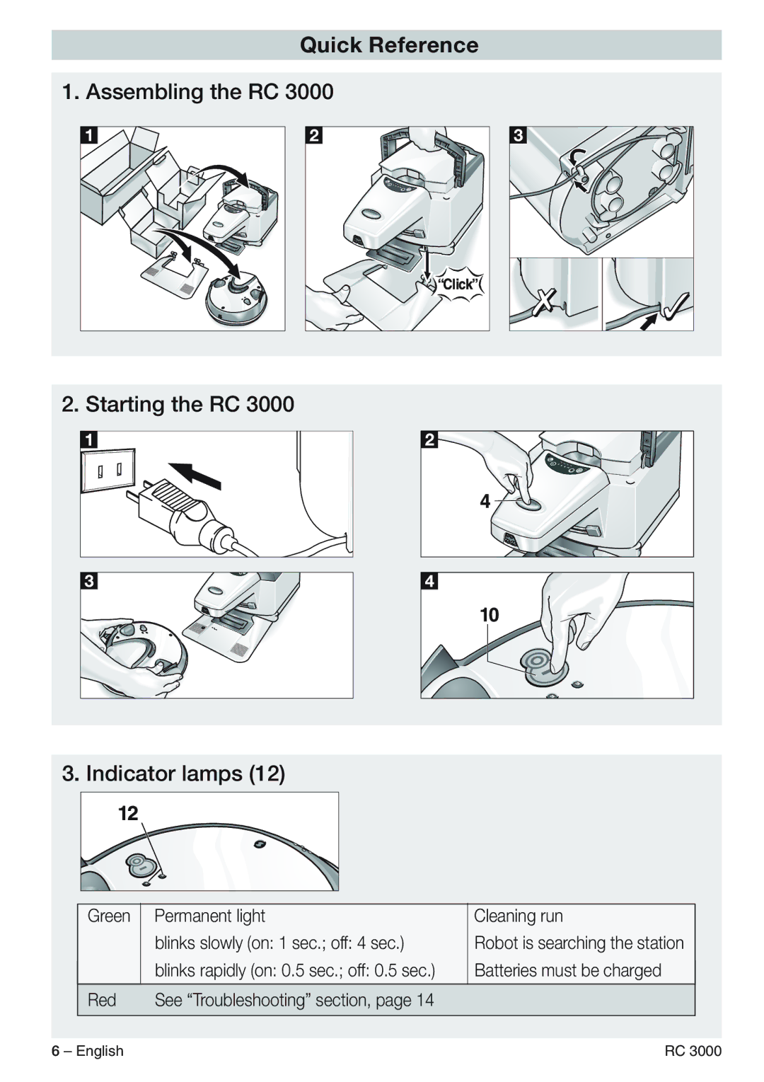 Karcher RC 3000 manual Quick Reference, Assembling the RC Starting the RC Indicator lamps 